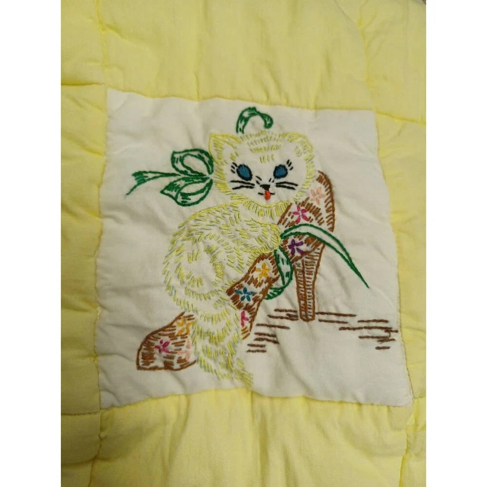 Vtg 70's Quilted Baby Crib Quilt Yellow Animals Embroidery Unisex 48x30